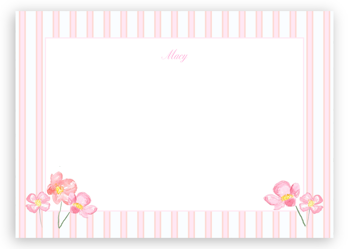 The Merry Post - Pink Pinstripes Stationery Set with pink flower details and a Script Personalization