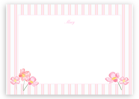 The Merry Post - Pink Pinstripes Stationery Set with pink flower details and a Script Personalization